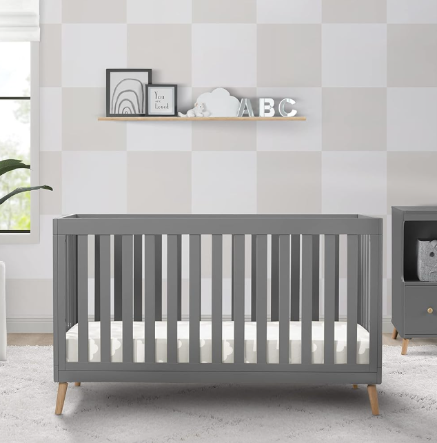 Convertible Baby Crib with Natural Wood Legs, Gray