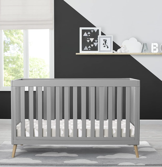 Convertible Baby Crib with Natural Wood Legs, Gray - Image 2