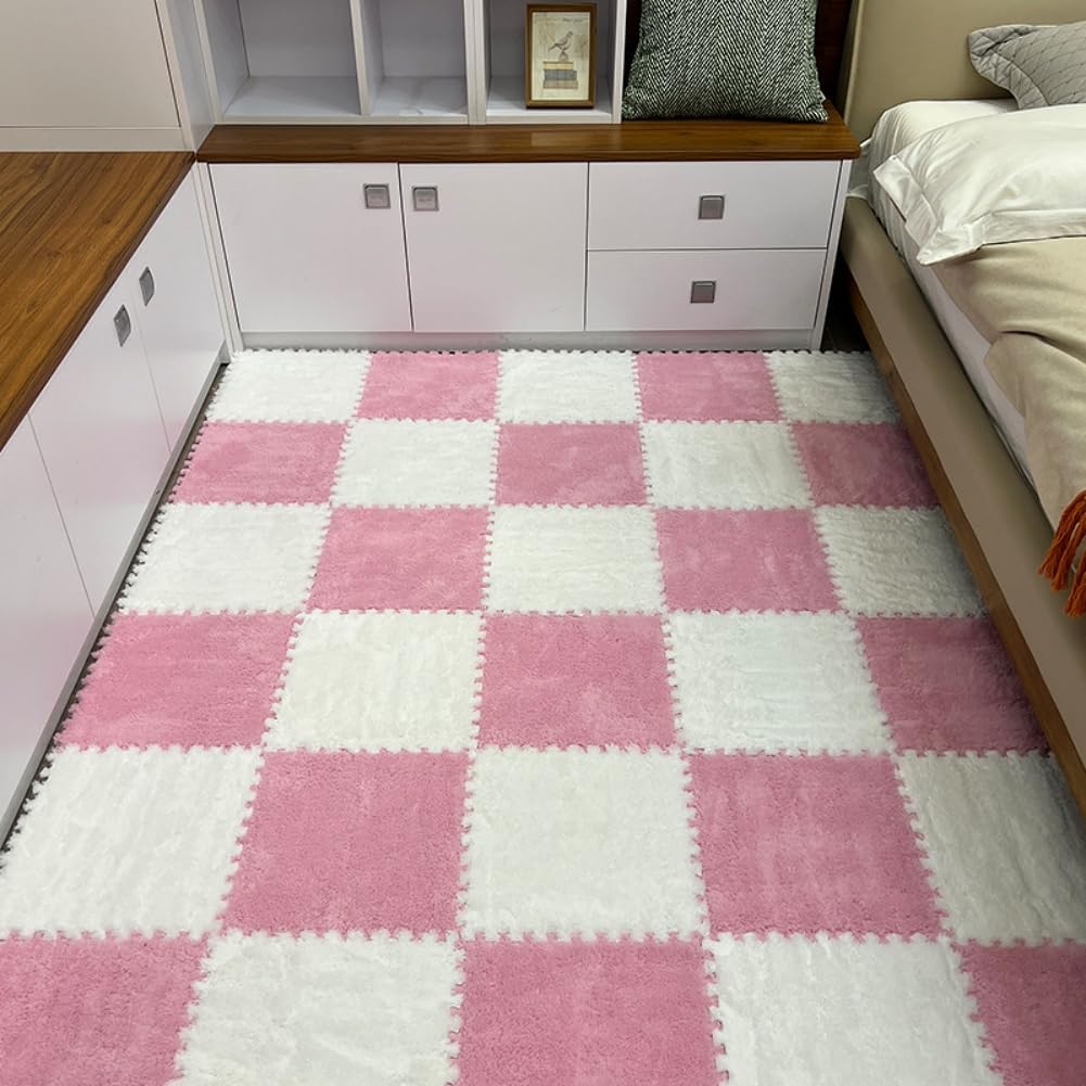 Carpet Squares Puzzle Floor Mat, Plush Interlocking Carpet Tiles, Anti Slip EVA Foam Jigsaw Floor Tiles, Build A Safe Area for Bedroom Playroom, Pink White - Image 2