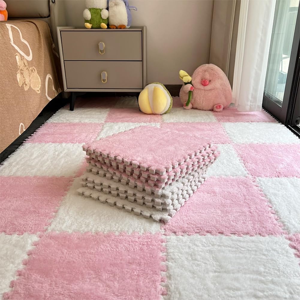 Carpet Squares Puzzle Floor Mat, Plush Interlocking Carpet Tiles, Anti Slip EVA Foam Jigsaw Floor Tiles, Build A Safe Area for Bedroom Playroom, Pink White