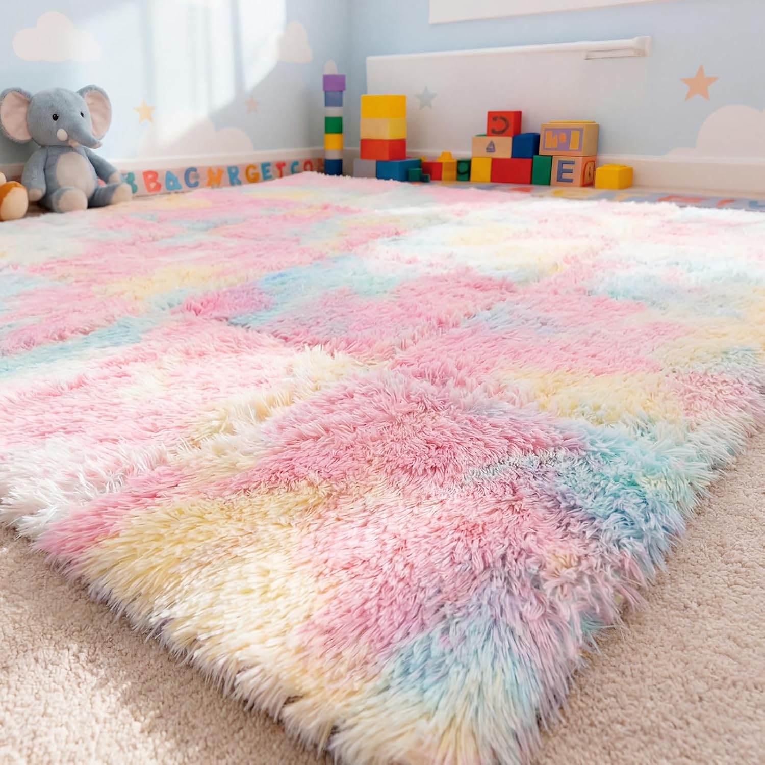 Pastel Shaggy Fur Floor Tiles, Puzzle Mat