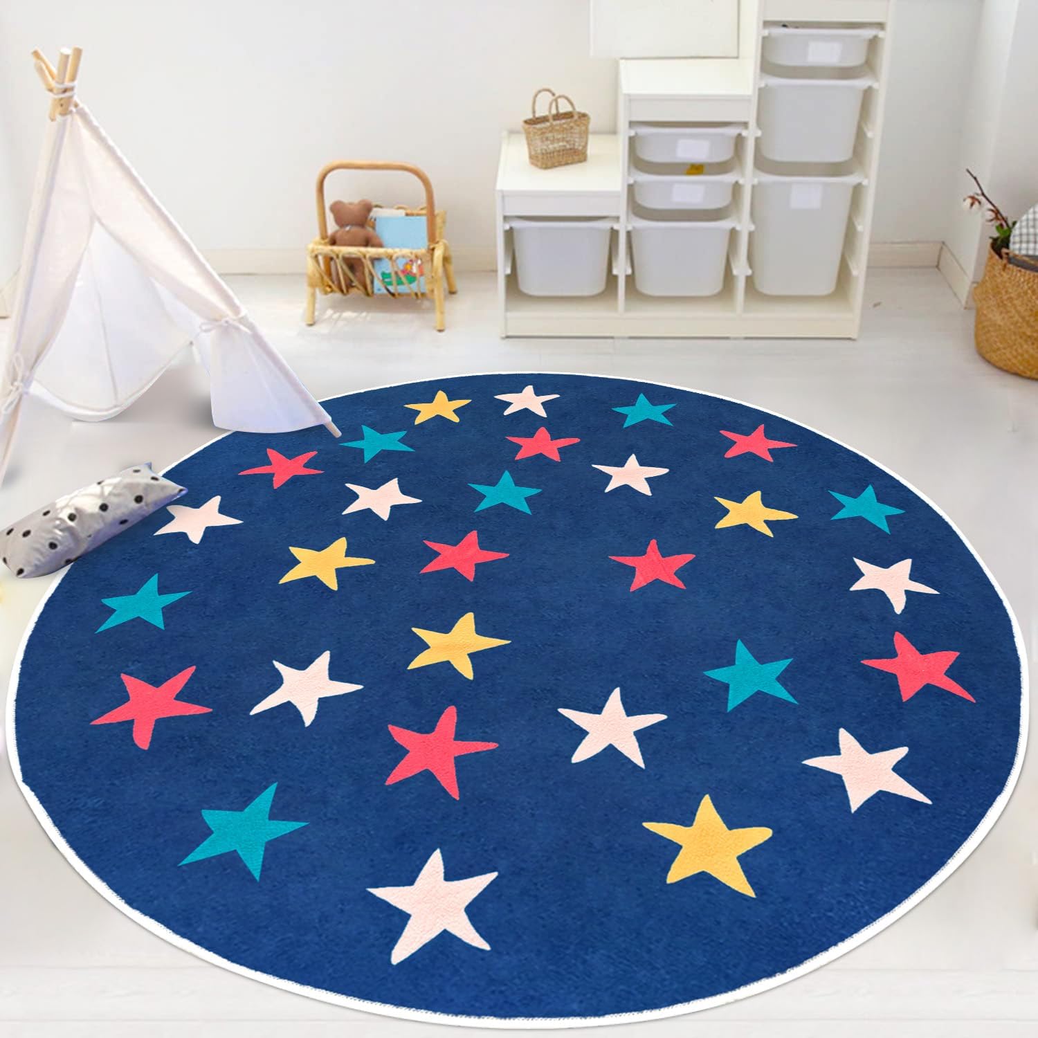 Stars Round Rug, Starry Sky Stars Area Rug Soft Durable Washable for Nursery Playroom Classroom, Kids Area Rug, Large Non-Slip Baby Crawling Floor Mat, Blue Round