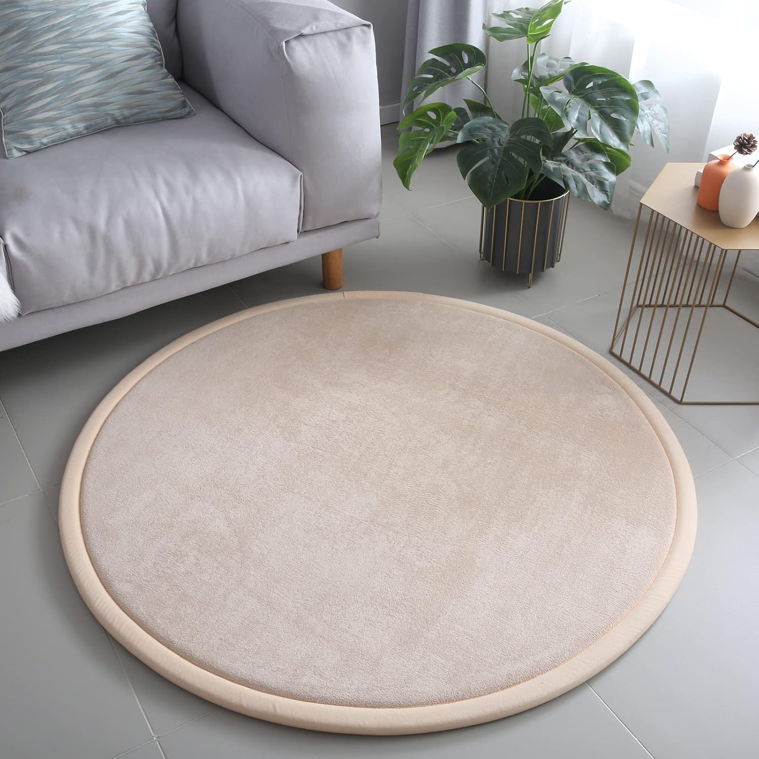 Thick Kids Round Rug, Coral Velvet Area Rugs, Memory Foam Circular Carpet for Nursery Playroom Home Decor Dormitory, Brown - Image 2