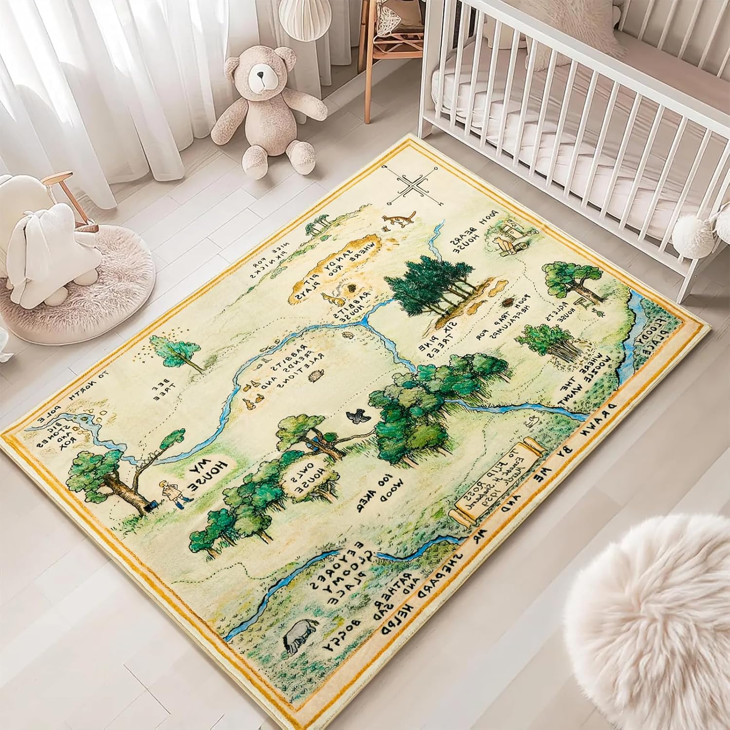 Washable Nursery Rug, Cute Woodland Kids Play Rug for Girls Boys Neutral Soft Crawling Play Mat for Classroom Children Toddlers Bedroom Stain Resistant Easy Clean, Woodland Map Carpet