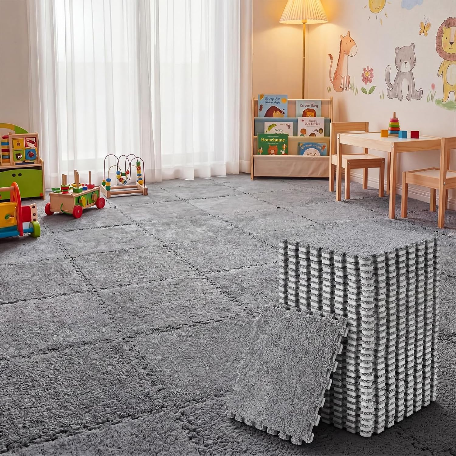 Plush Foam Interlocking Floor Mat, Climbing Area Rugs, Soft Fluffy Tiles with Border Play Mat Flooring Tiles for Home Playroom Decoration, Gray
