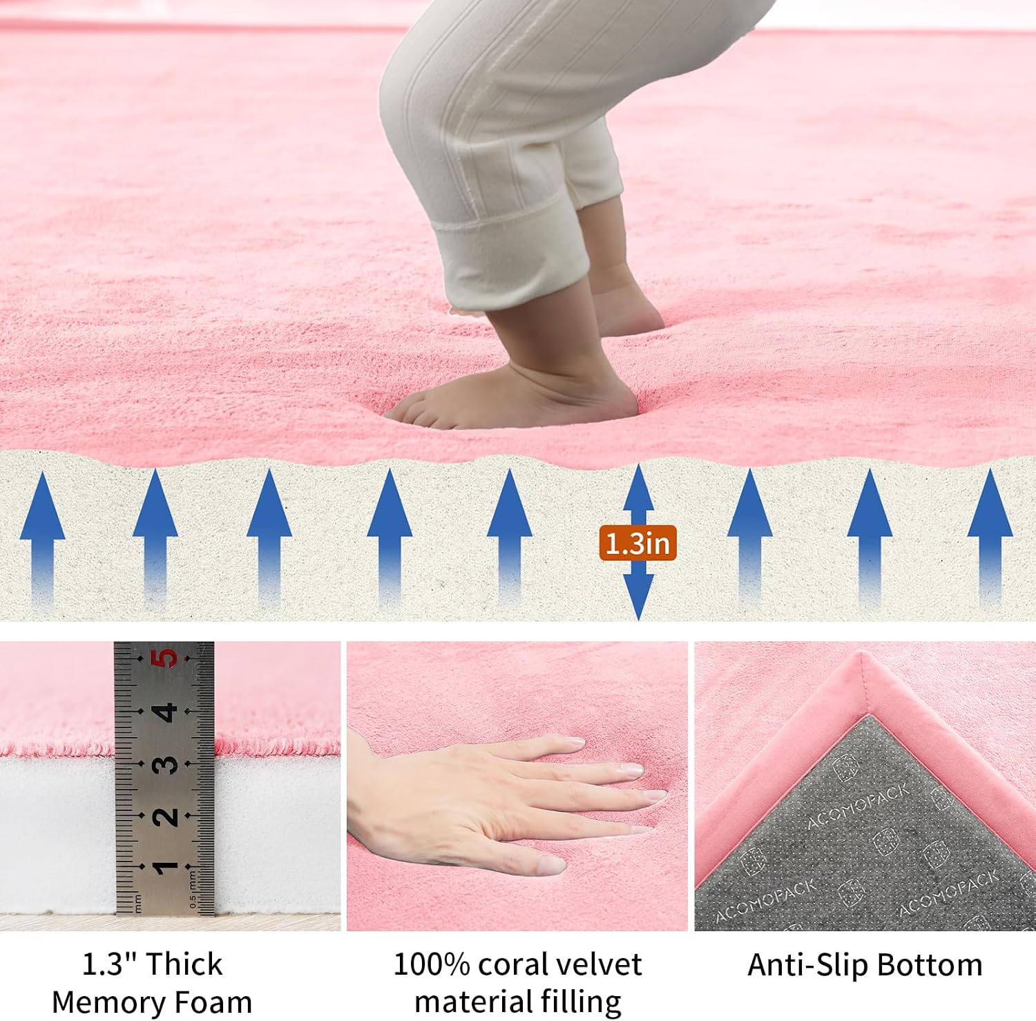 Baby Play Mat for Floor, Thick Memory Foam Area Rug for Living Room, Soft Velvet Crawling with Non-Slip Bottom for Kid, Toddler, Tummy Time Nursery Rugs, Yoga - Image 2