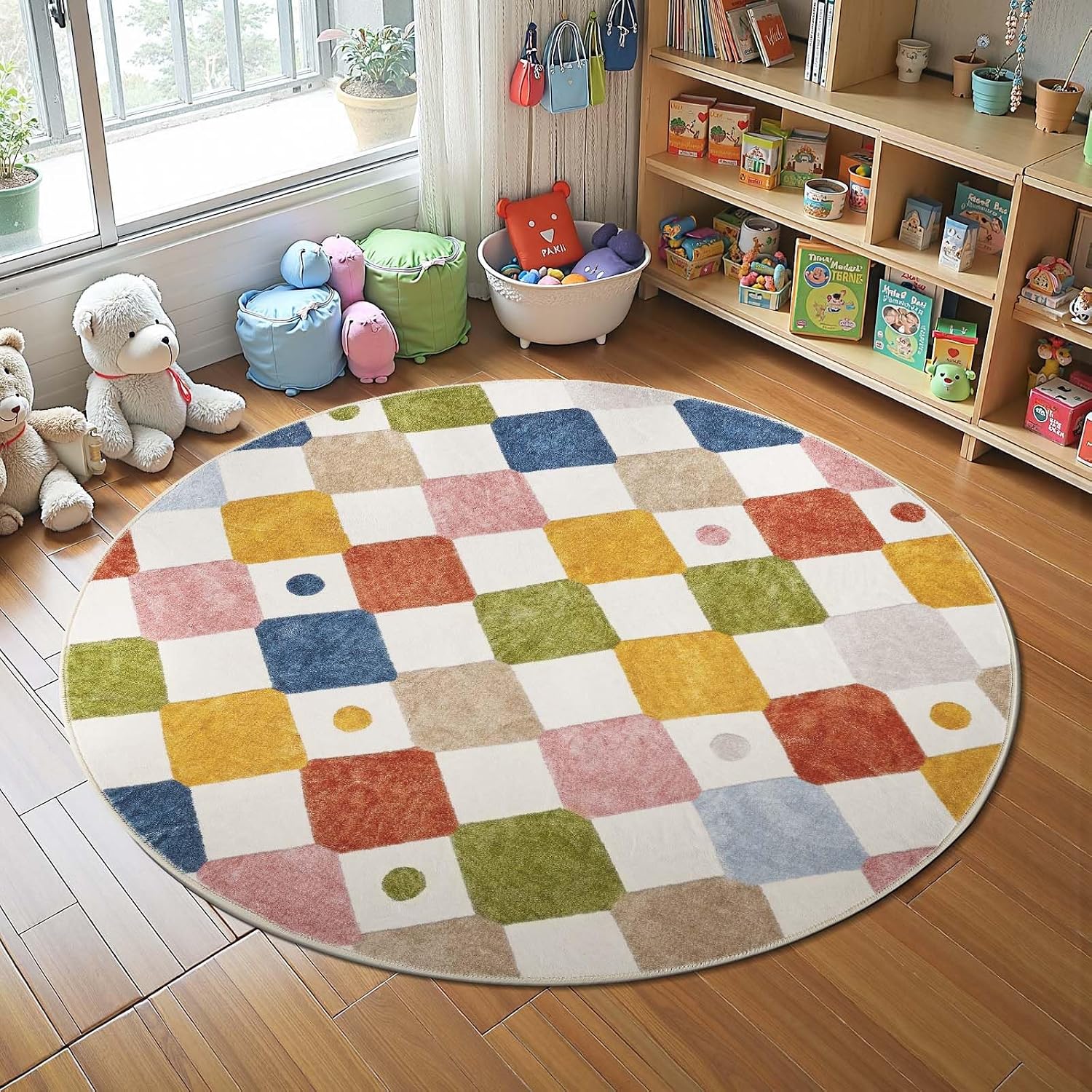 Round Kids Rug, Washable Playroom Rug, Colorful Nursery Play Mat