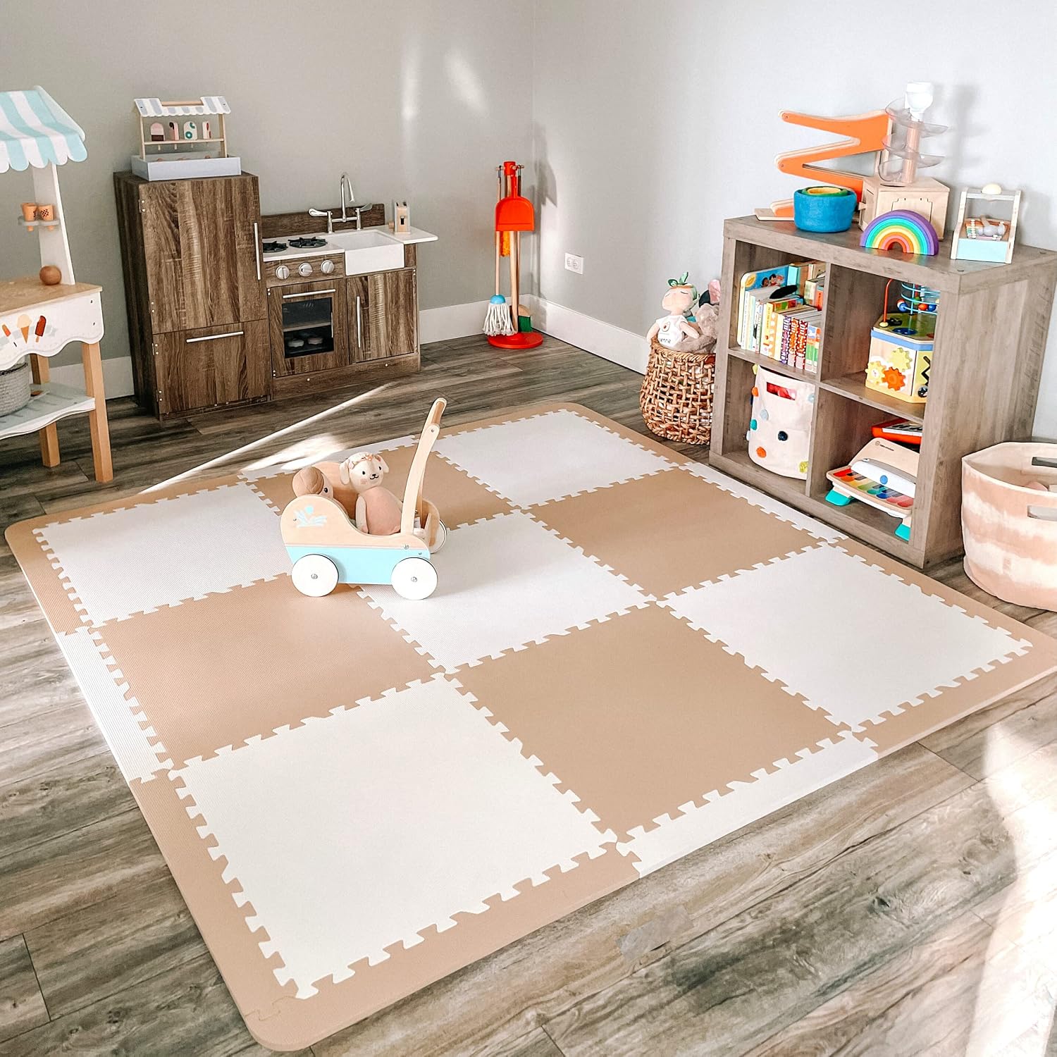 Extra Large Baby Play Mat Tiles, Thick Foam Non-Toxic Floor Puzzle Mat, Interlocking Activity Playmat for Infants Toddlers Kids Crawling Tummy Time, Beige White